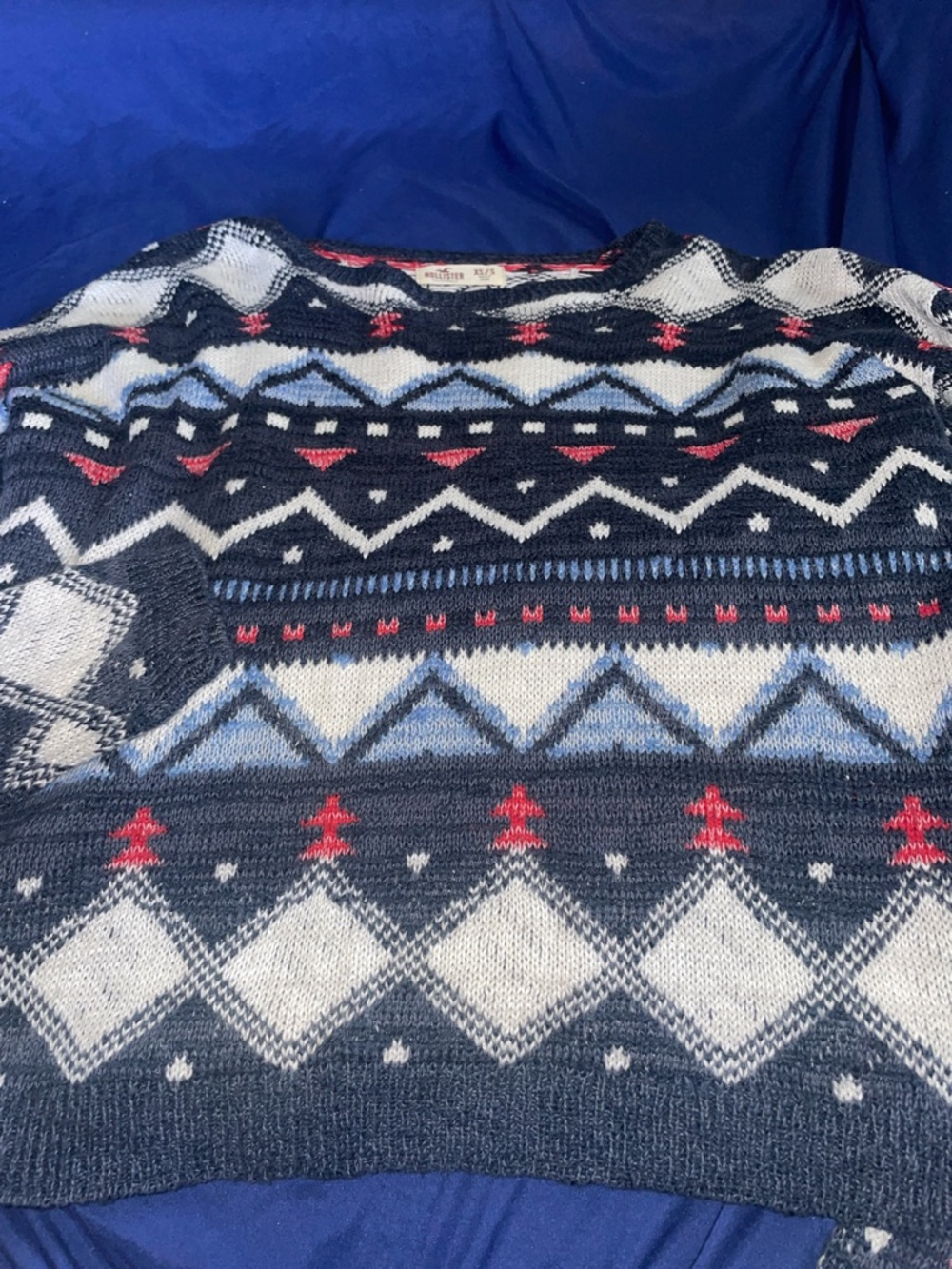 Ladies Patterned Crewneck Sweater in Navy, White & Red, Hollister.